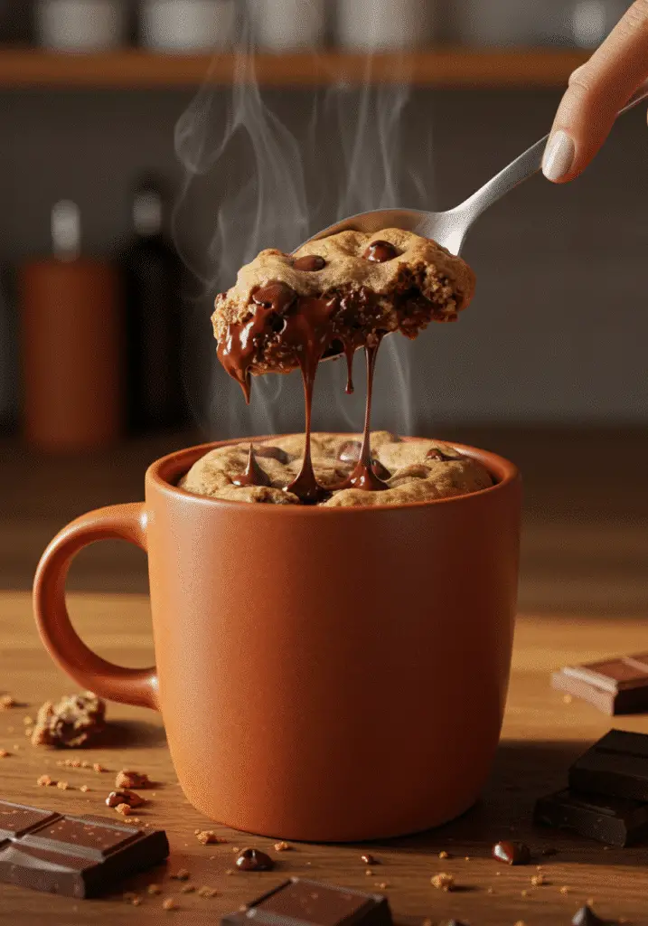 Chocolate chip mug cookie being served with spoon showing gooey texture and melted chocolate chips