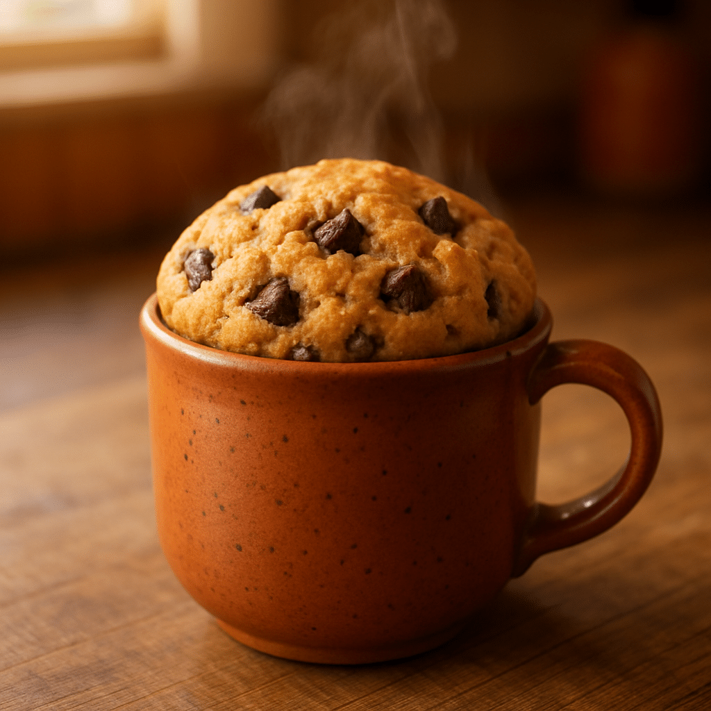 Chocolate chip protein mug muffin steaming in terracotta ceramic mug on wood counter