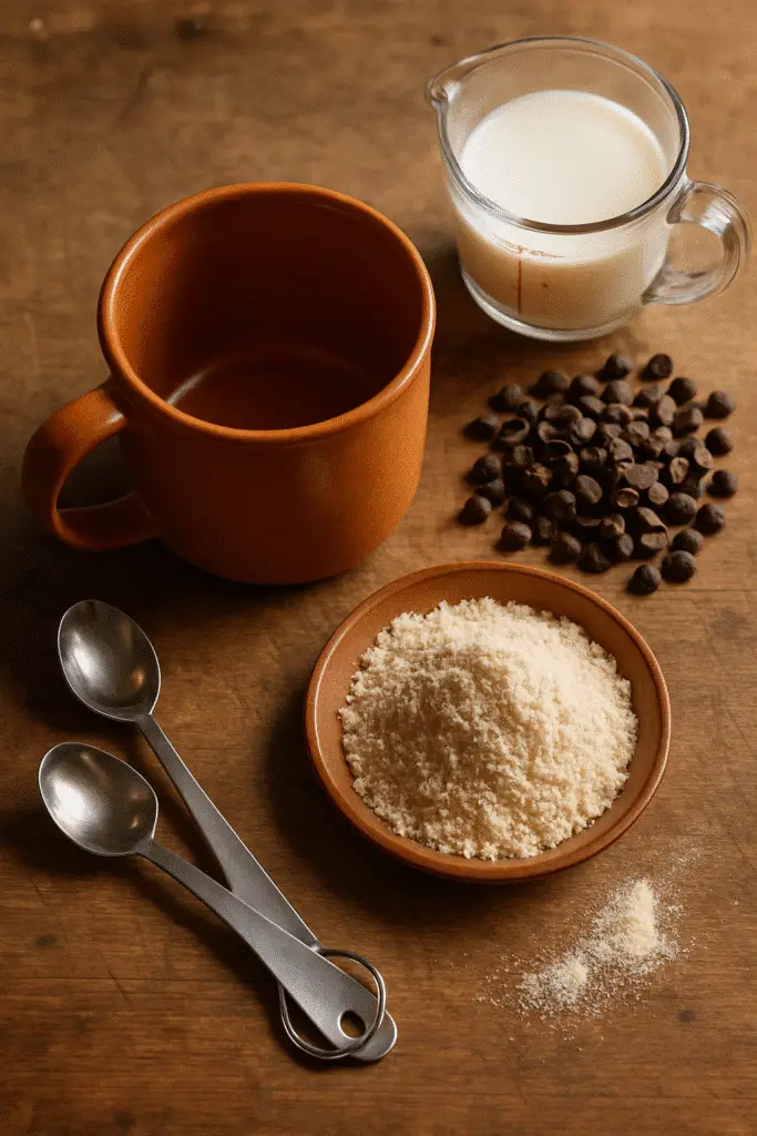Chocolate chip protein mug muffin ingredients arranged clockwise on wood counter with terracotta mug