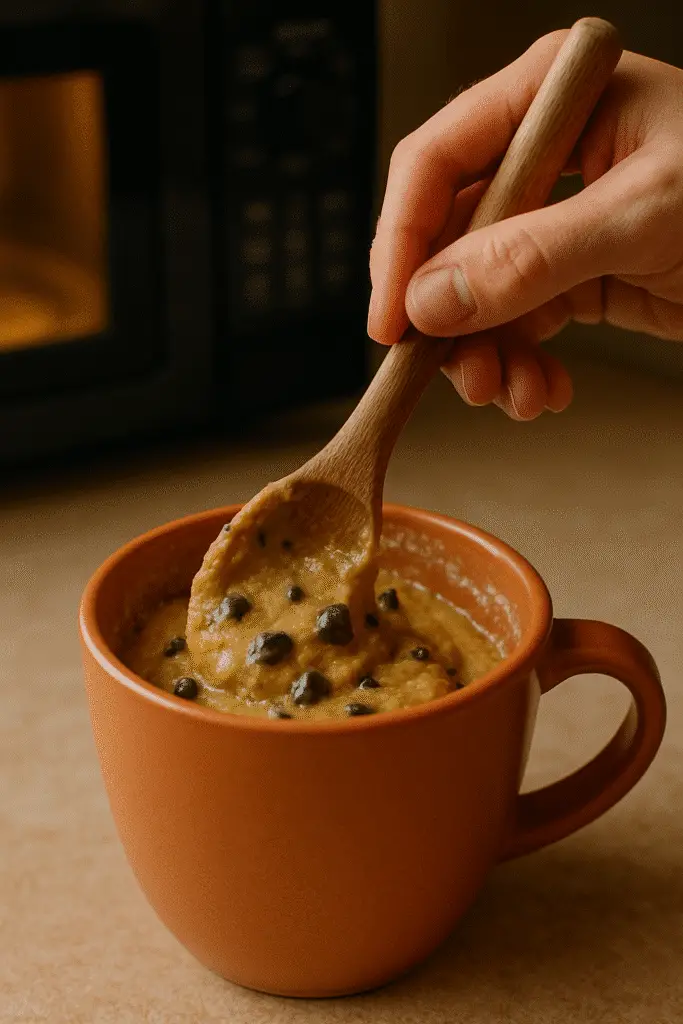 Mixing chocolate chip protein mug muffin batter with wooden spoon in terracotta mug