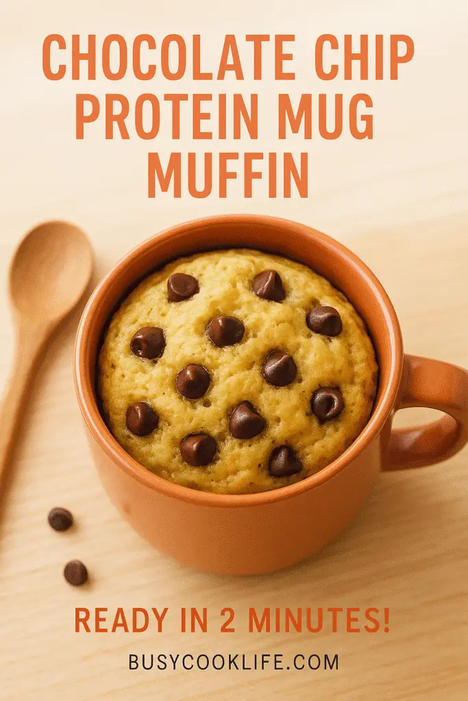Chocolate chip protein mug muffin Pinterest pin with recipe title and 2-minute timing