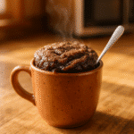 Chocolate cinnamon sugar mug cake finished in terracotta mug with steam