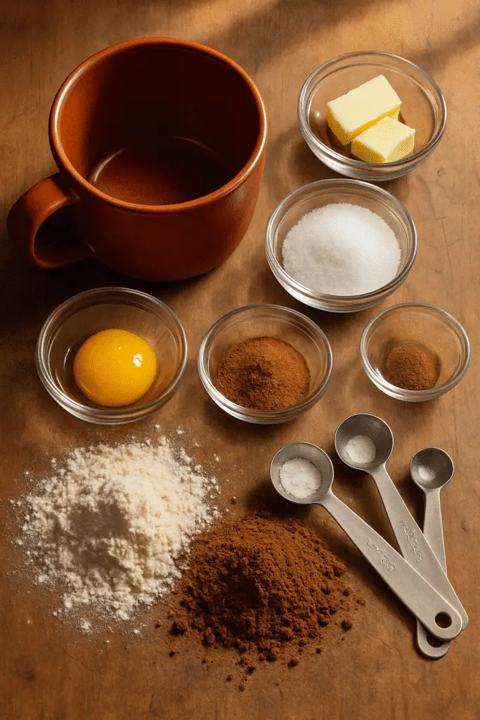 Chocolate cinnamon sugar mug cake ingredients laid out for microwave baking