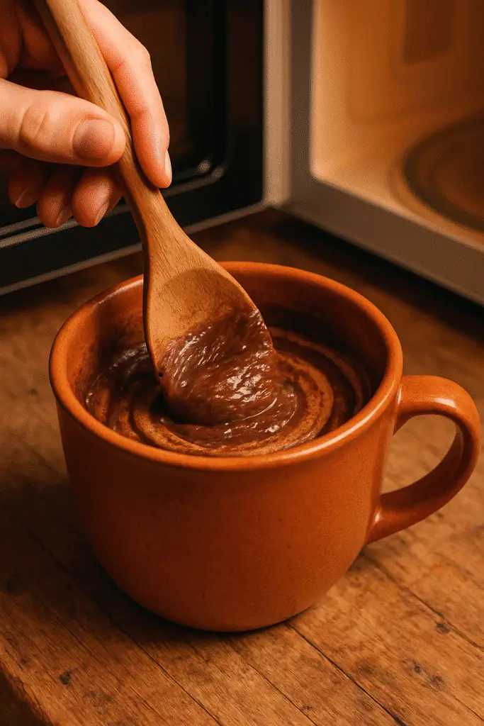 Mixing chocolate cinnamon sugar mug cake batter with wooden spoon