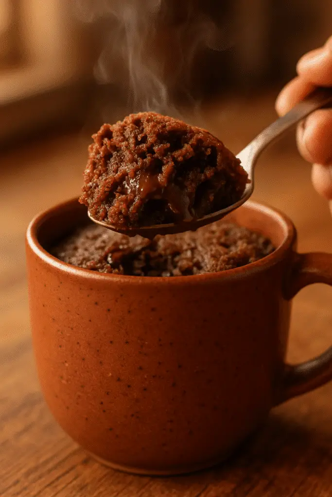 Spoonful of chocolate cinnamon sugar mug cake showing moist texture