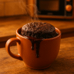 Chocolate fudge cake mix mug treat steaming in ceramic mug on wooden counter