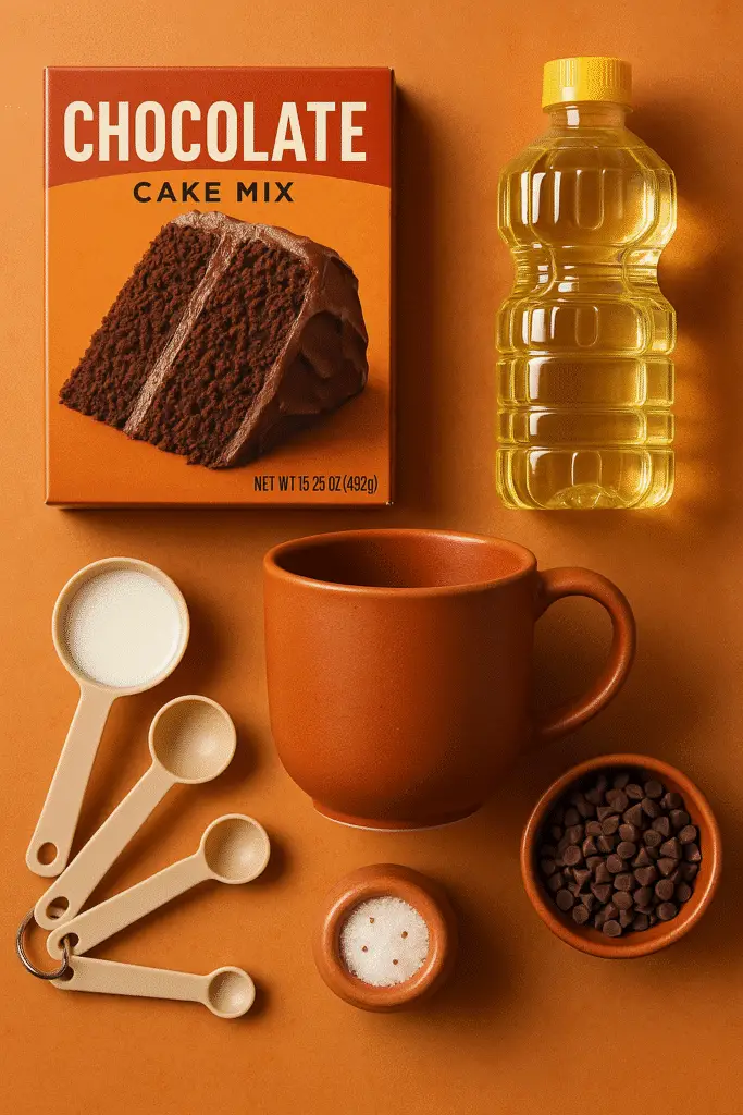 Ingredients for chocolate fudge cake mix mug treat arranged around ceramic mug