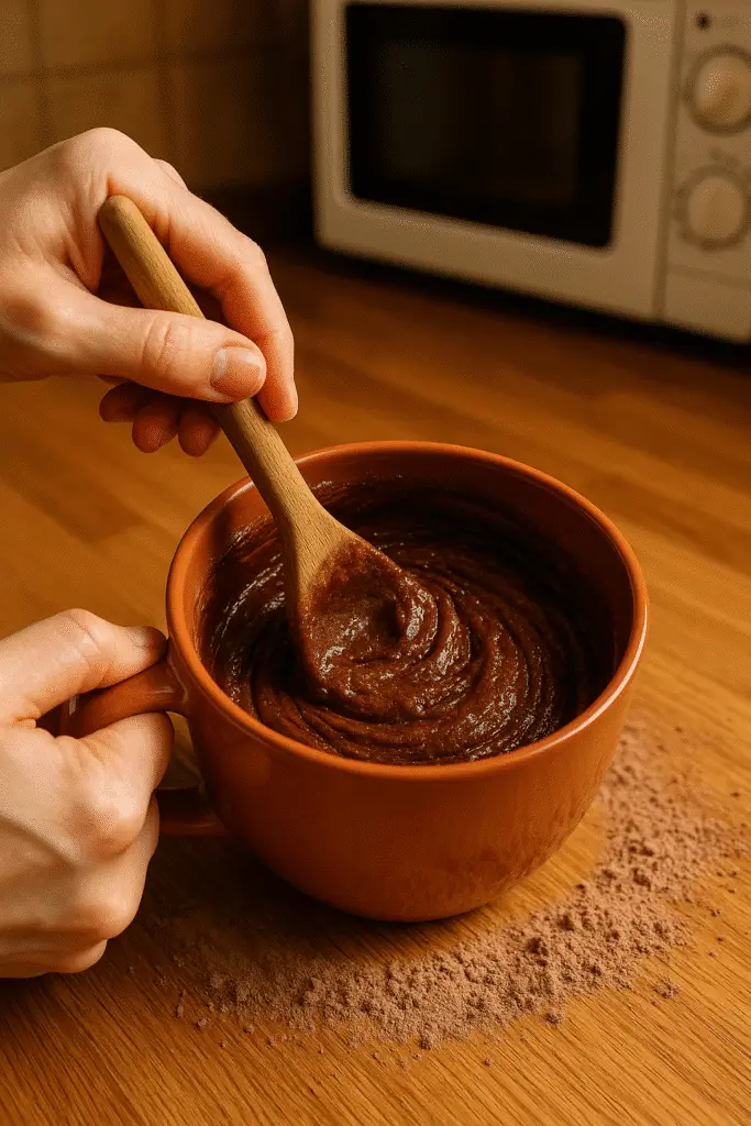 Mixing chocolate fudge cake mix mug treat batter with wooden spoon