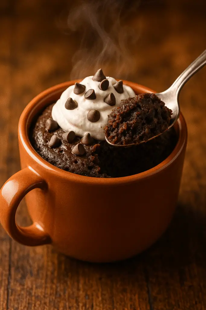 Chocolate fudge cake mix mug treat served with whipped cream and chocolate chips