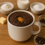 Chocolate peanut butter lava mug cake with gooey melted center in white ceramic mug on wooden surface - BusyCookLife trusted recipe