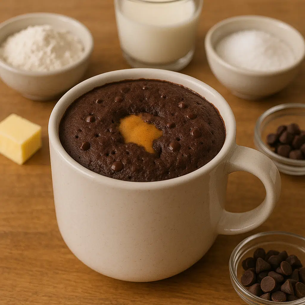 Chocolate peanut butter lava mug cake with gooey melted center in white ceramic mug on wooden surface - BusyCookLife trusted recipe