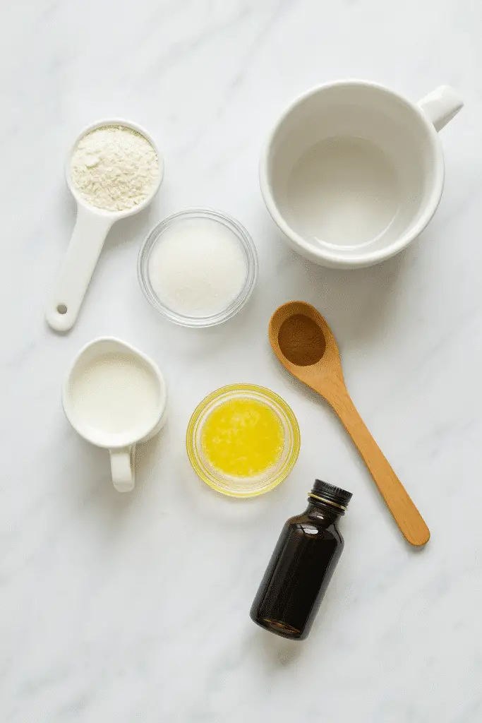 Churro mug cake ingredients laid out including flour, sugar, cinnamon, and milk