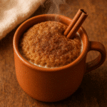 Cinnamon sugar tres leches mug cake in ceramic mug with cinnamon garnish