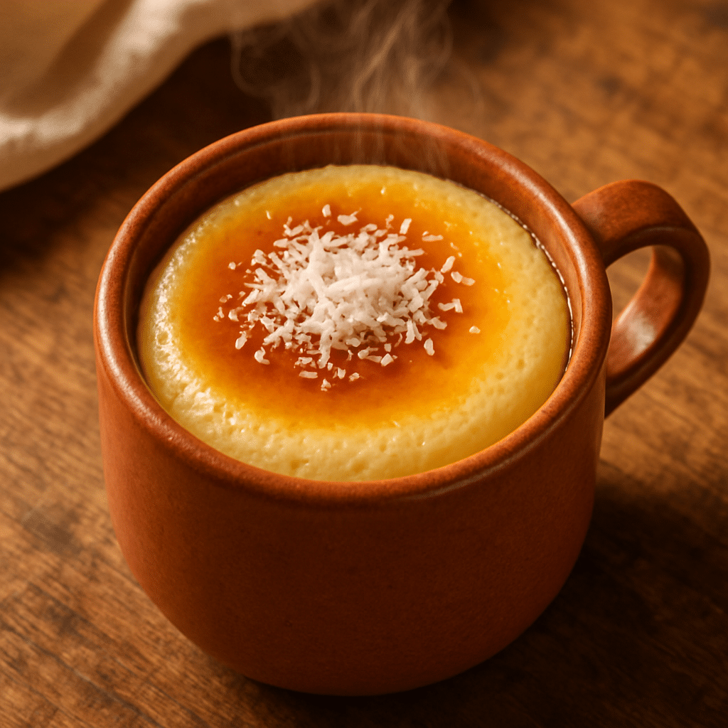 Coconut flan mug cake with caramelized sugar layer in ceramic mug