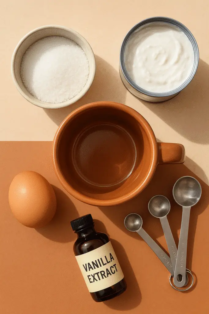Coconut flan mug cake ingredients laid out including coconut milk and sugar