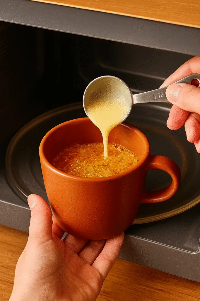 Making coconut flan mug cake caramel in microwave step by step