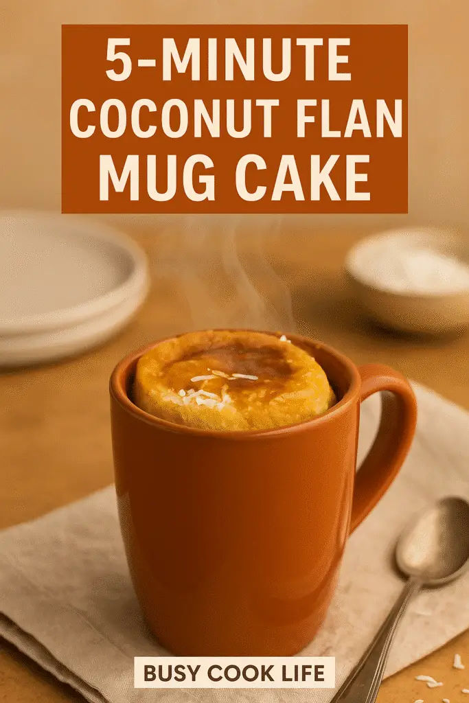 Pinterest pin for easy coconut flan mug cake recipe