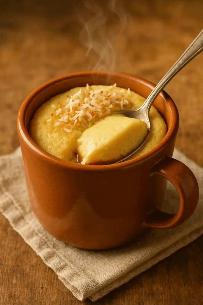 Coconut flan mug cake being served with spoon showing custard texture