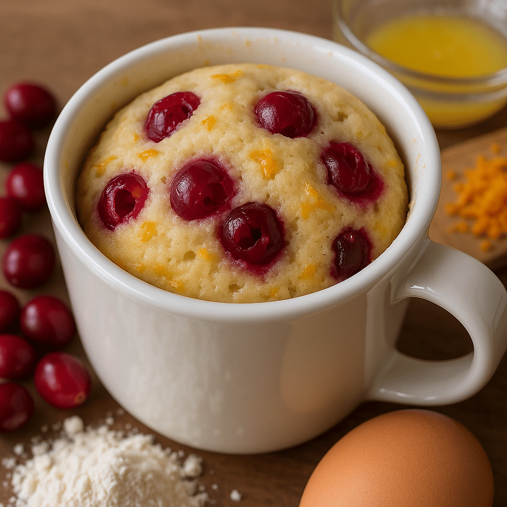 Cranberry orange mug muffin with fresh cranberries and orange zest - tested kitchen recipe