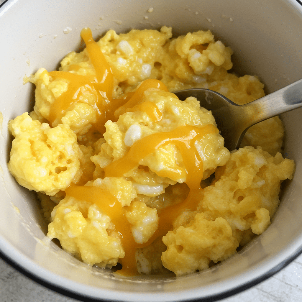 Egg and cheese mug scramble served in terracotta ceramic mug with fluffy texture