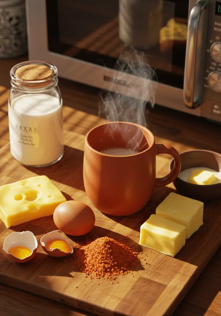 Egg and cheese mug scramble ingredients arranged on wooden counter with terracotta mug