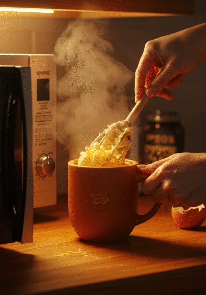 Mixing egg and cheese mug scramble batter in ceramic mug with wooden spoon