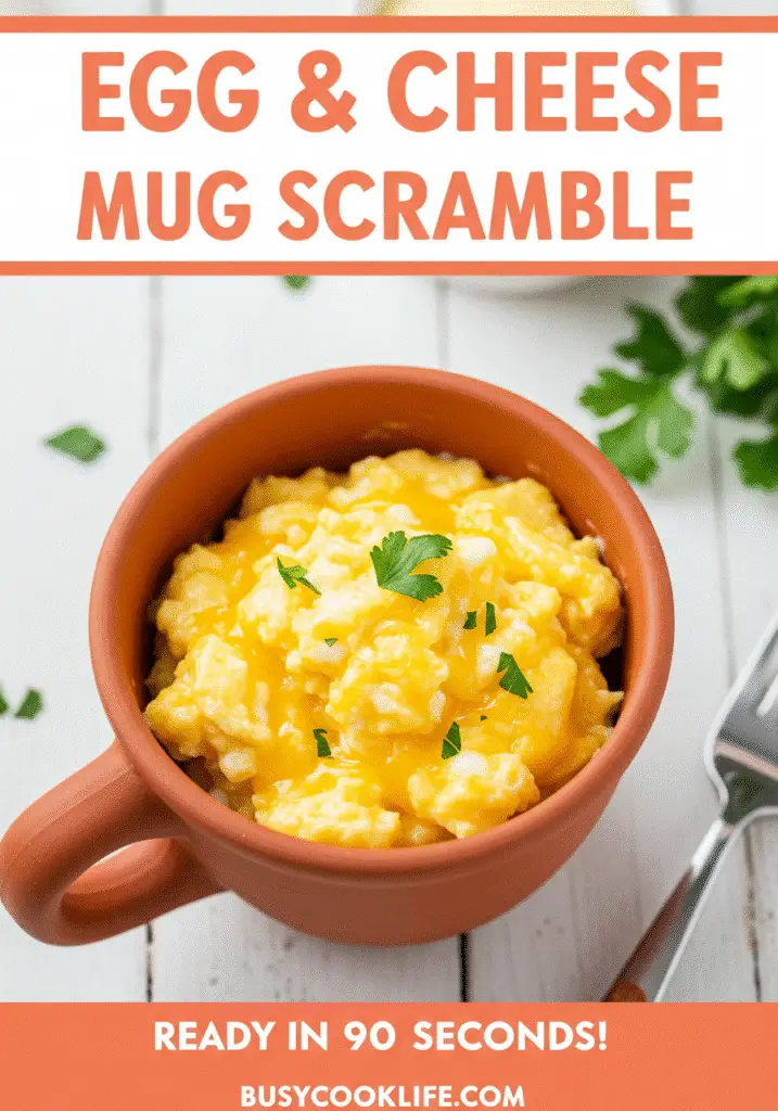 Pinterest pin for egg and cheese mug scramble recipe ready in 90 seconds