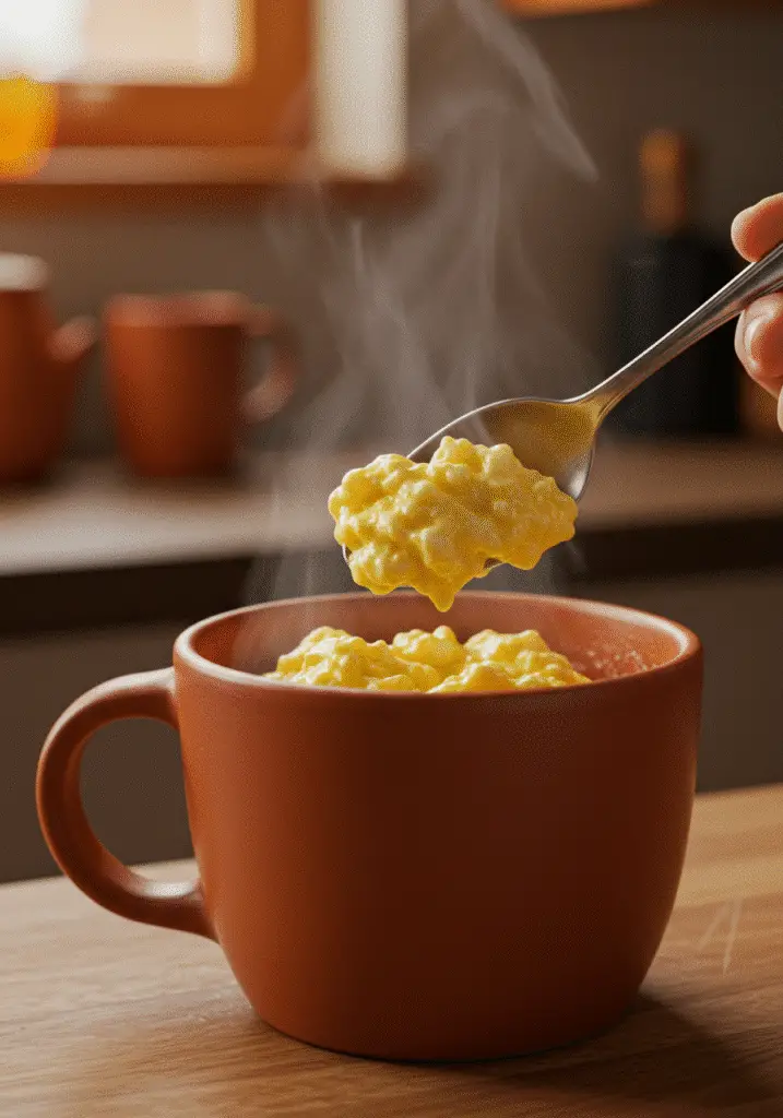 Spoonful of fluffy egg and cheese mug scramble showing perfect texture