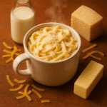 Fettuccine alfredo in a mug with creamy sauce and parmesan cheese on wooden counter