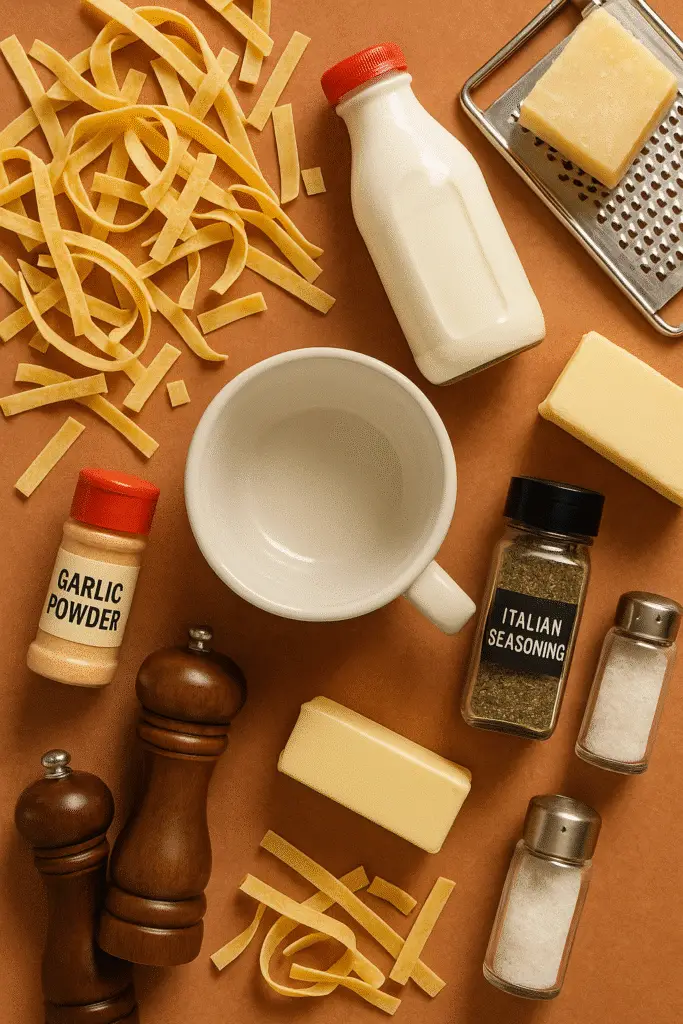 Fettuccine alfredo in a mug ingredients including pasta, cream, parmesan and seasonings