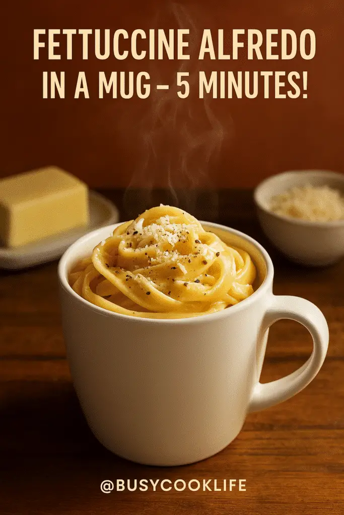 Pinterest pin for fettuccine alfredo in a mug 5-minute microwave recipe