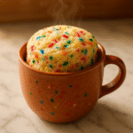Funfetti cake mix mug muffin with colorful sprinkles in ceramic mug