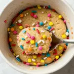 Funfetti mug cake recipe with colorful sprinkles in ceramic mug