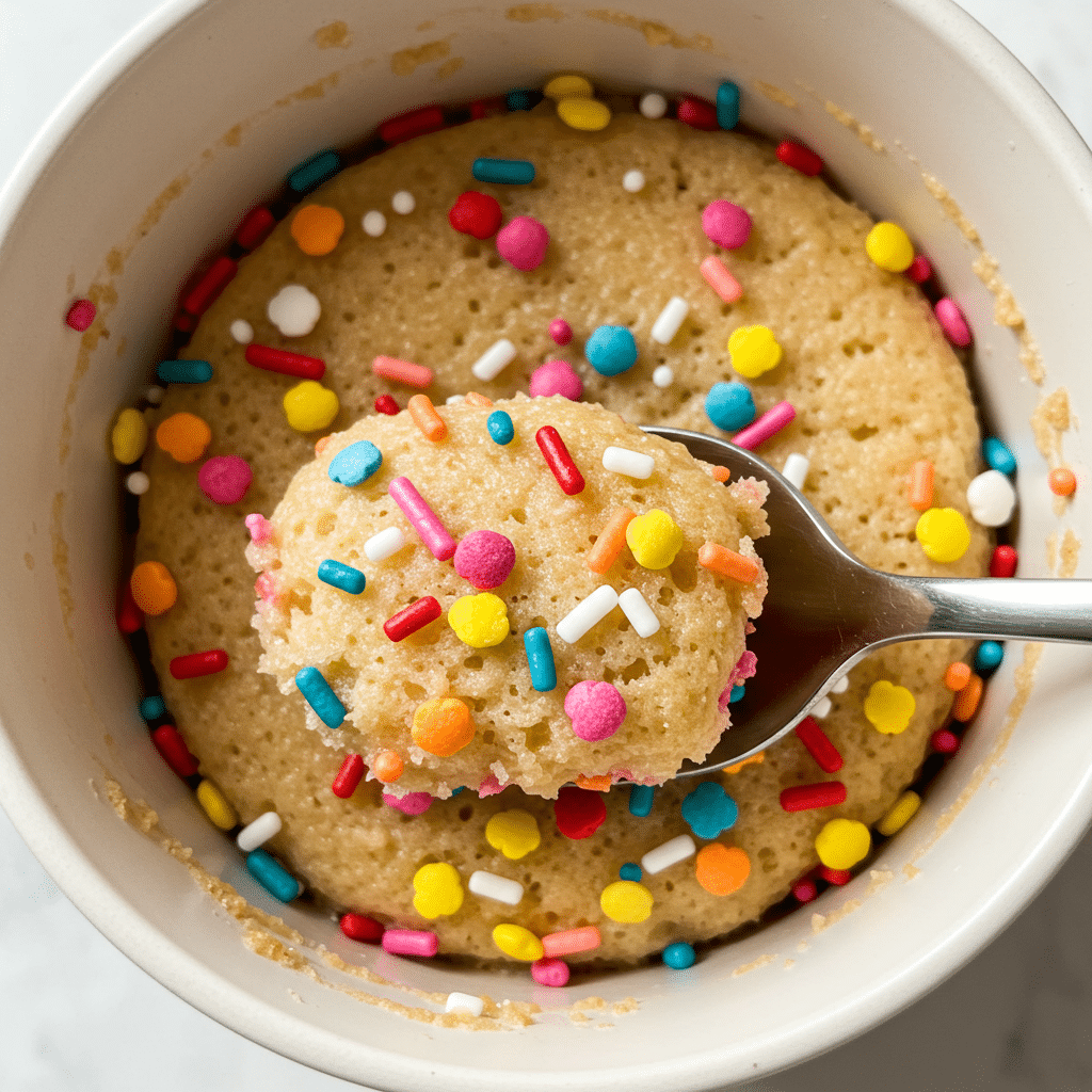 Funfetti mug cake recipe with colorful sprinkles in ceramic mug