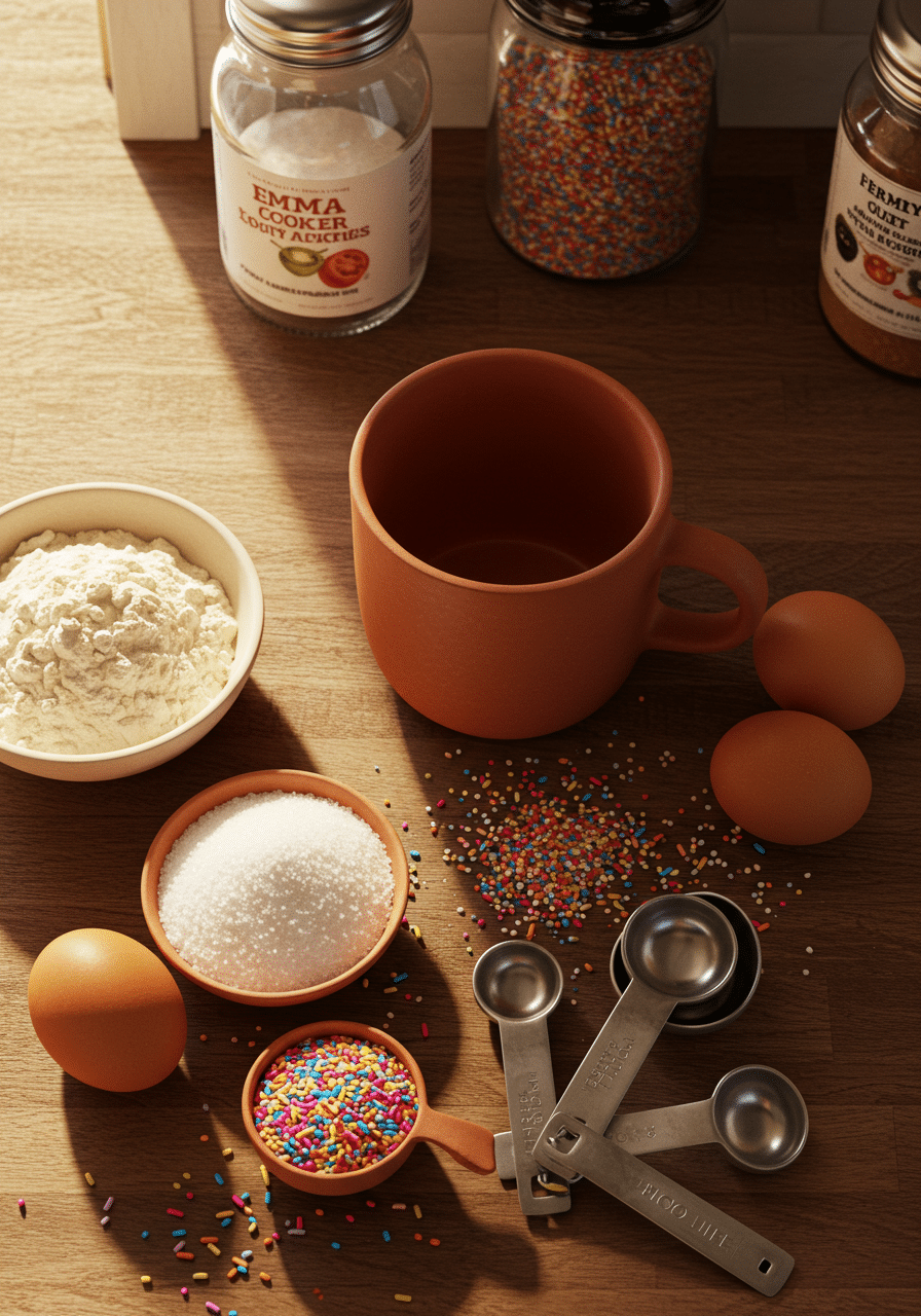 Funfetti mug cake ingredients arranged on kitchen counter with rainbow sprinkles