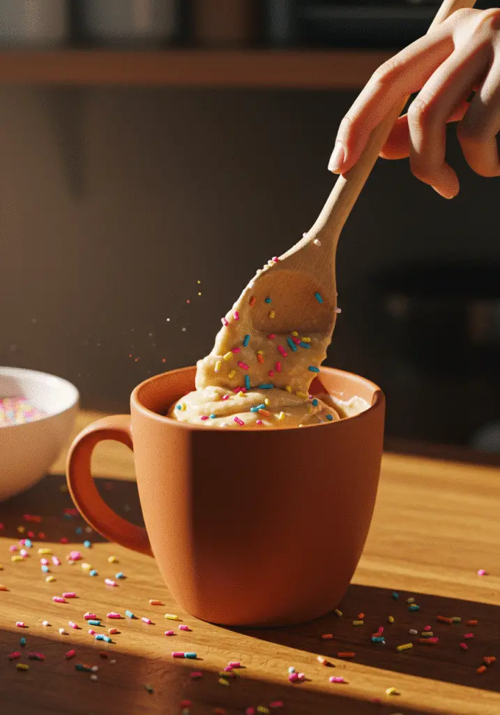 Mixing funfetti mug cake batter with rainbow sprinkles in ceramic mug