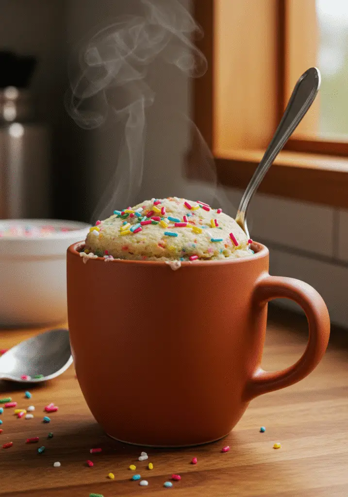 Vertical funfetti mug cake recipe photo optimized for Pinterest sharing