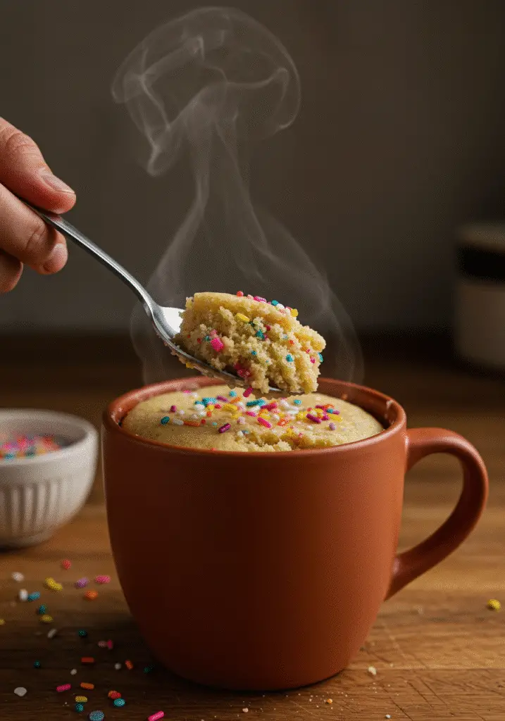 Serving spoonful of funfetti mug cake with visible rainbow sprinkles and steam