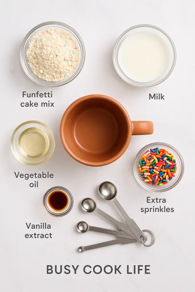 Funfetti cake mix mug muffin ingredients arranged on marble counter