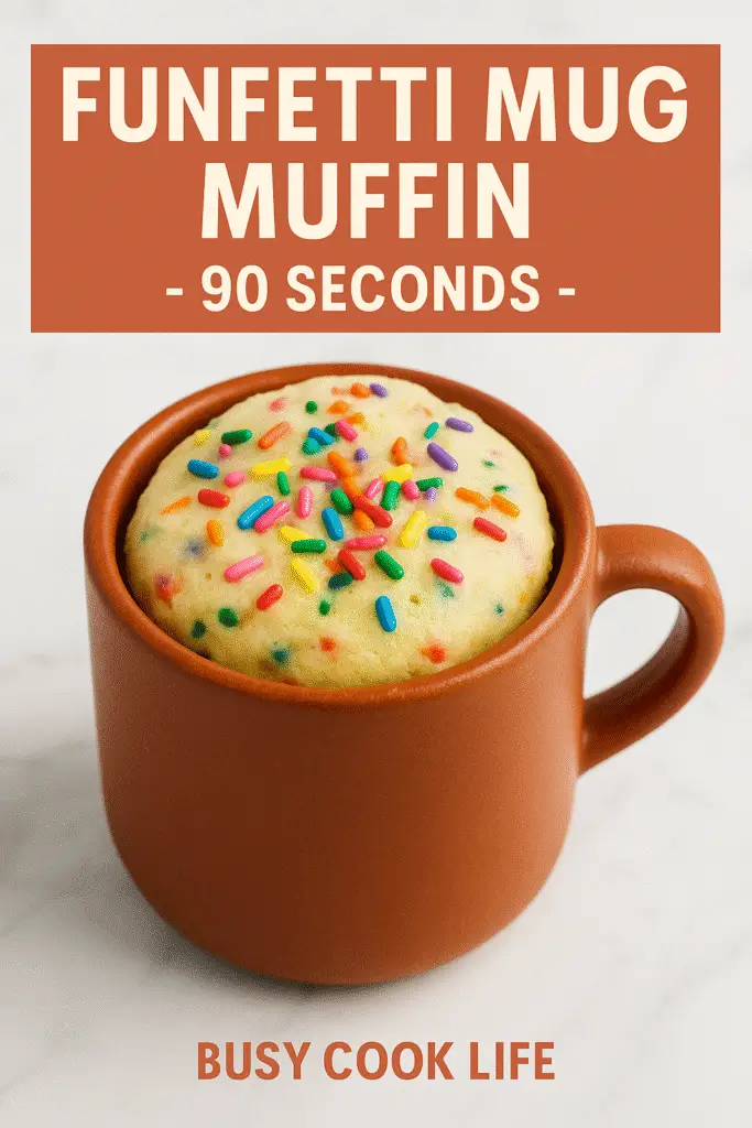 Pinterest pin for easy funfetti cake mix mug muffin recipe