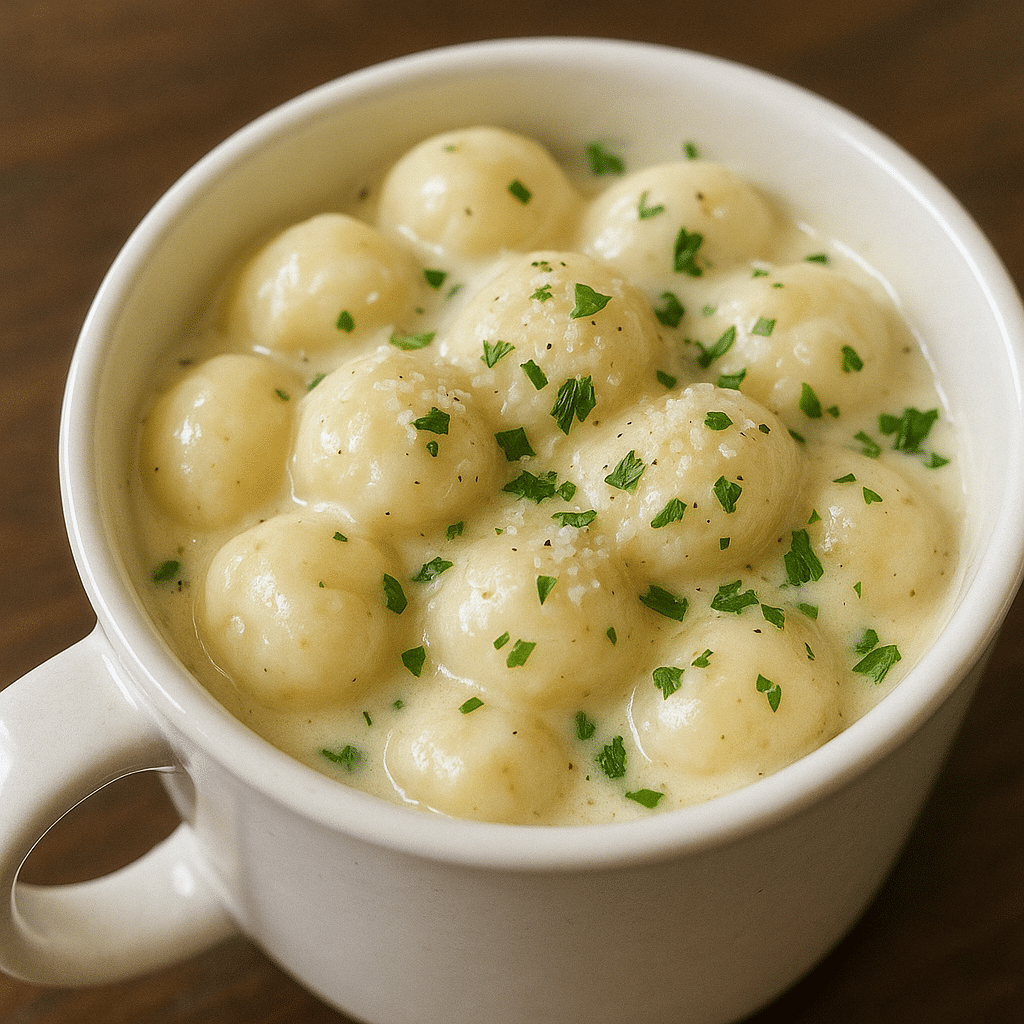 Creamy gnocchi alfredo in a white ceramic mug with melted parmesan cheese and fresh herbs, perfect 5-minute comfort meal