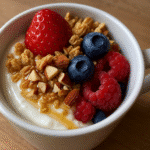 Greek yogurt parfait in white ceramic mug with fresh berries and granola - trusted BusyCookLife 3-minute recipe