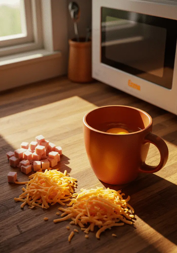 Ham and cheese breakfast mug ingredients laid out on wooden surface