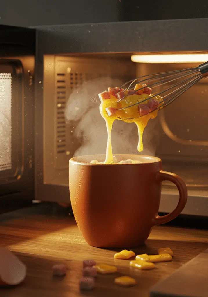 Ham and cheese omelet in a mug cooking process steps