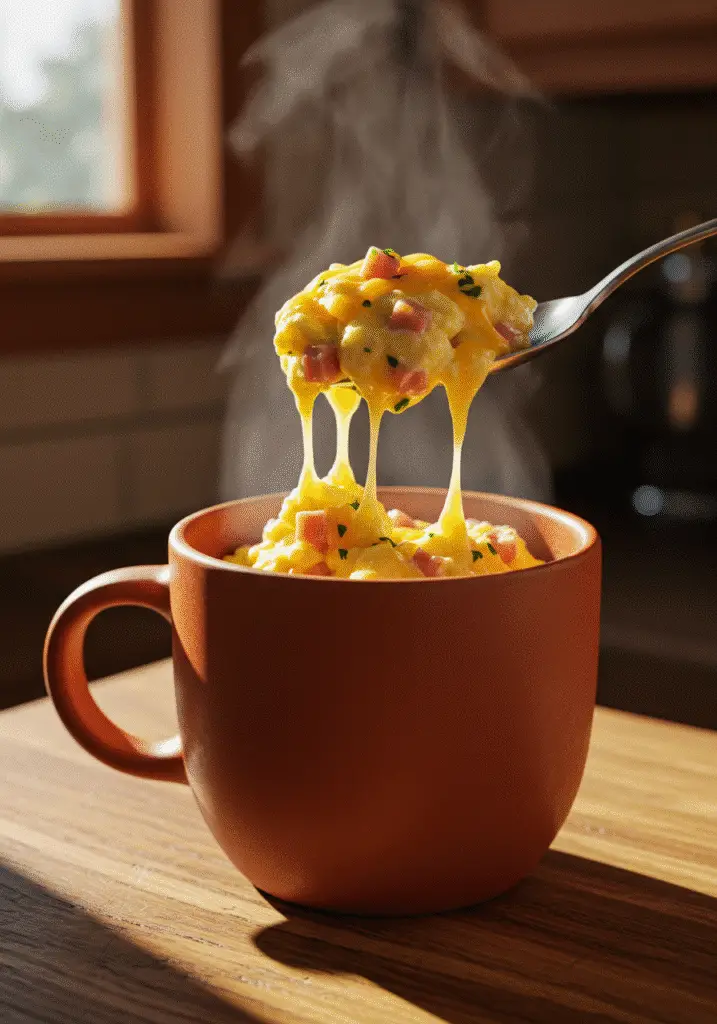 Ham and cheese breakfast mug served with spoon on wooden surface