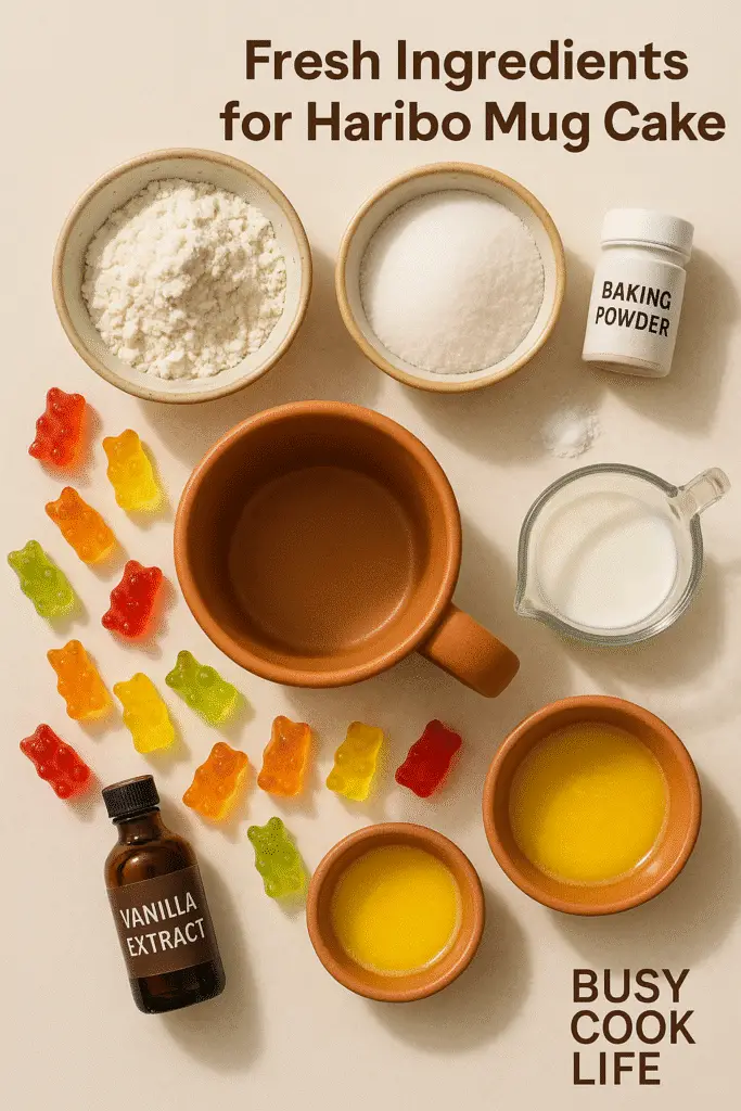 Haribo mug cake ingredients laid out with flour sugar and gummy bears
