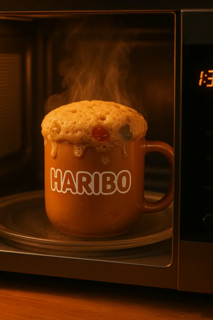 Haribo mug cake cooking in microwave with steam rising