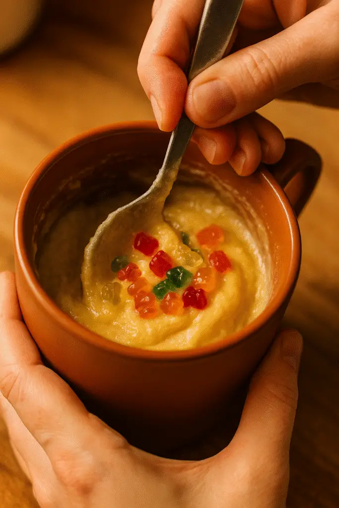 Mixing Haribo gummy bears into mug cake batter