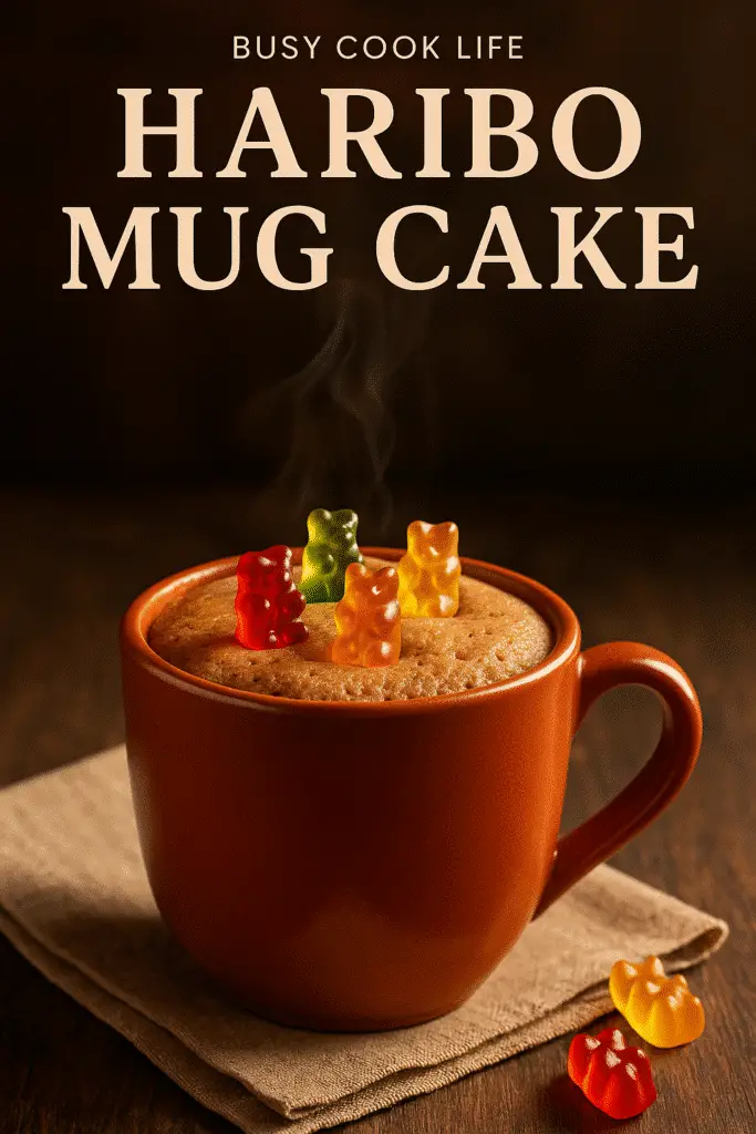 Pinterest-ready Haribo mug cake with gummy bear garnish