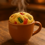 Haribo mug cake with colorful gummy bears in ceramic mug